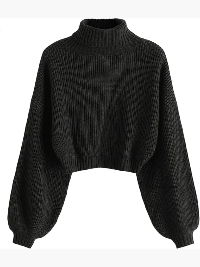 Crew Neck Long Sleeve Crop Pullover Sweater Mock Neck Lantern Sleeve Ribbed Knit